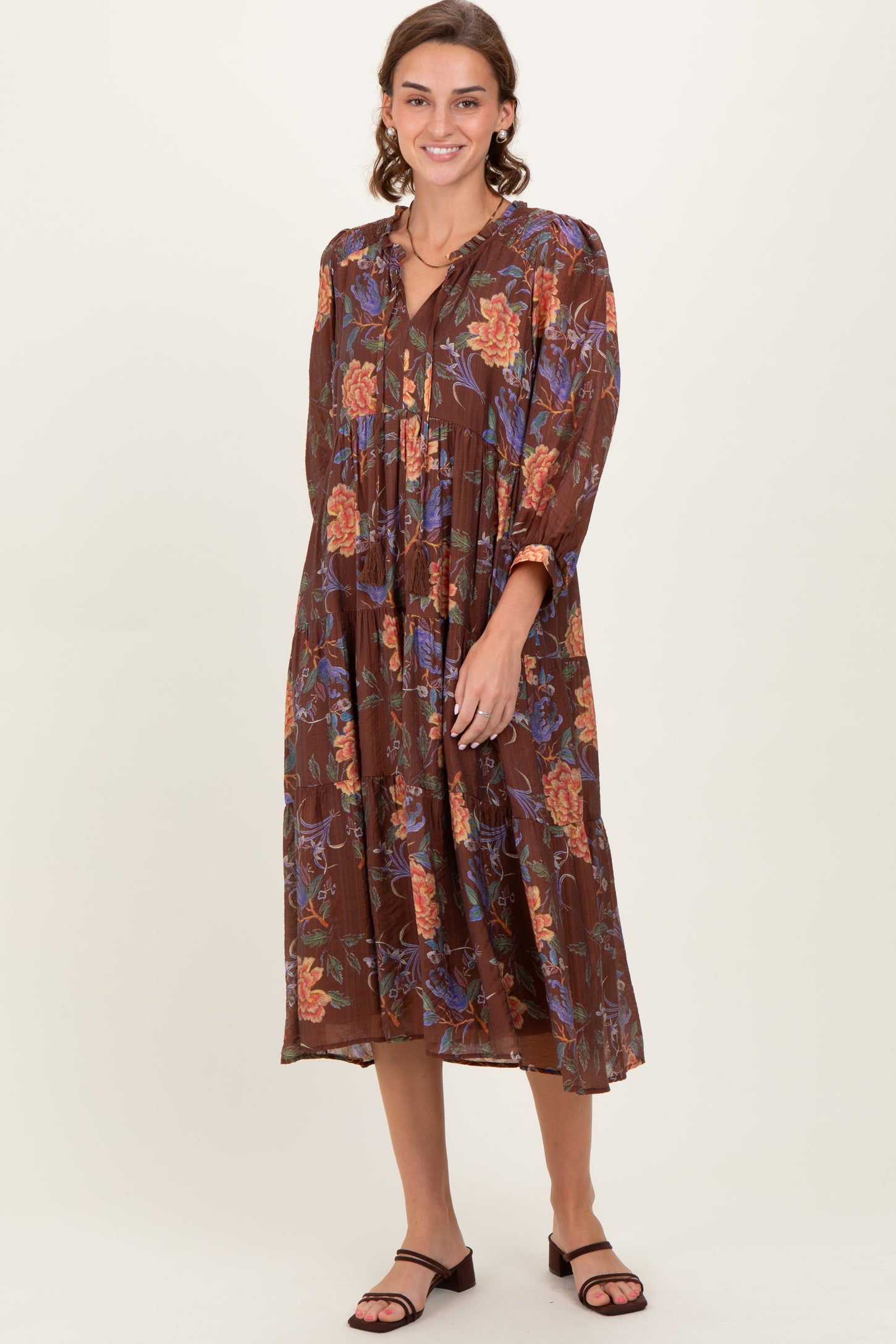 Brown Floral Front Tie Tiered Maternity Midi Dress