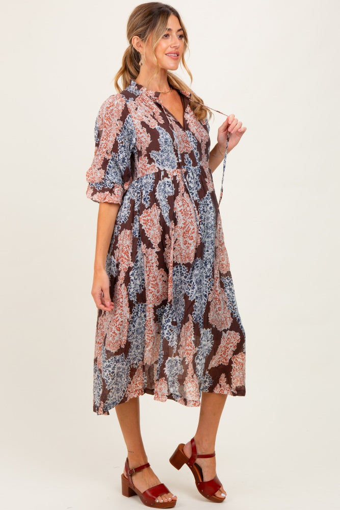 Brown Floral Chiffon Front Tie Maternity Midi Dress
