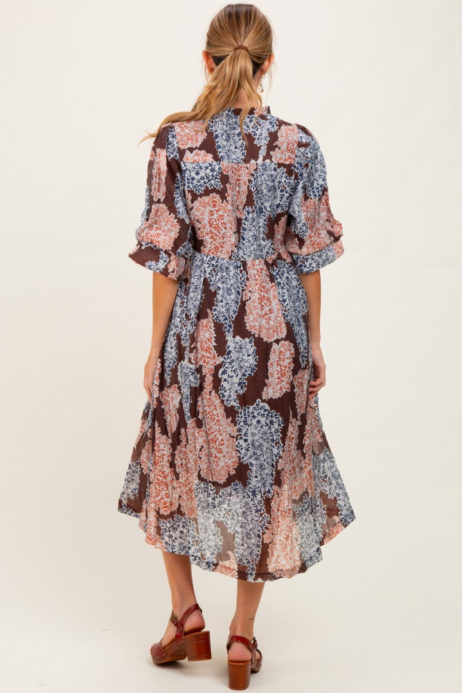 Brown Floral Chiffon Front Tie Maternity Midi Dress