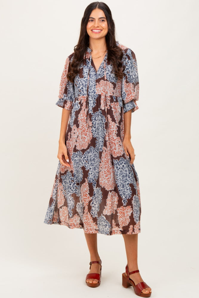 Brown Floral Chiffon Front Tie Midi Dress