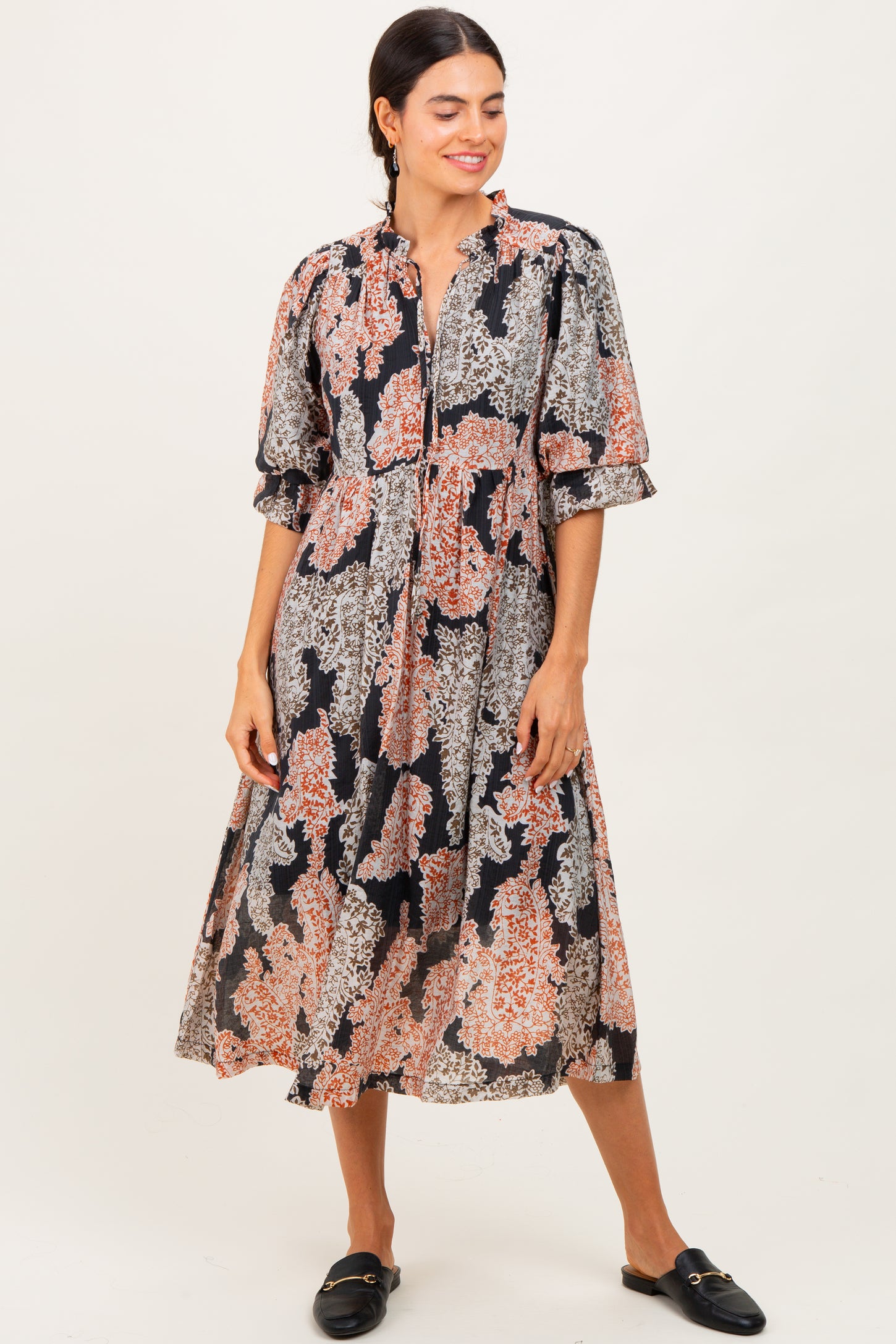 Black Floral Chiffon Front Tie Midi Dress