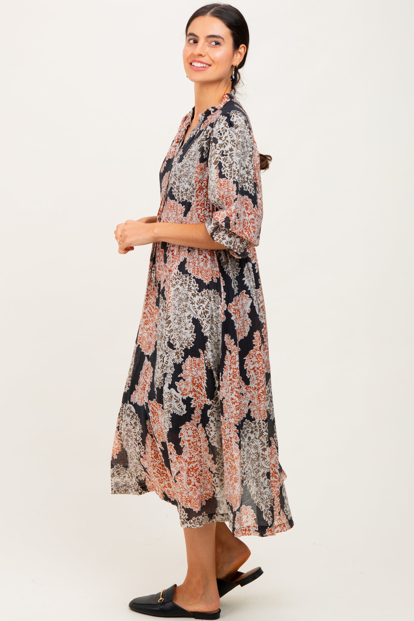 Black Floral Chiffon Front Tie Midi Dress