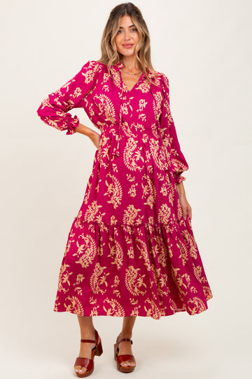Magenta Damask Front Tie Smocked Waist Maternity Midi Dress