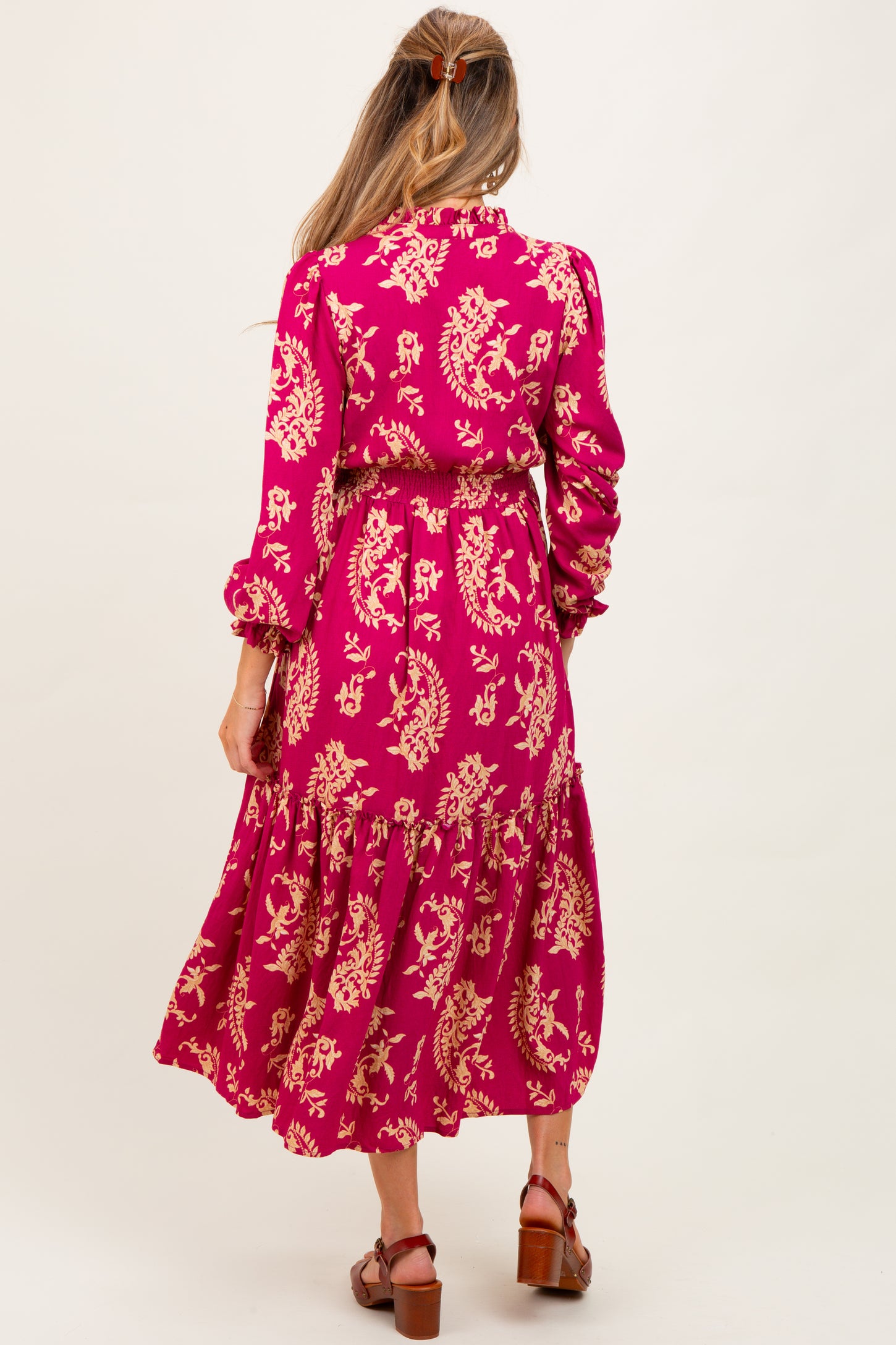 Magenta Damask Front Tie Smocked Waist Maternity Midi Dress