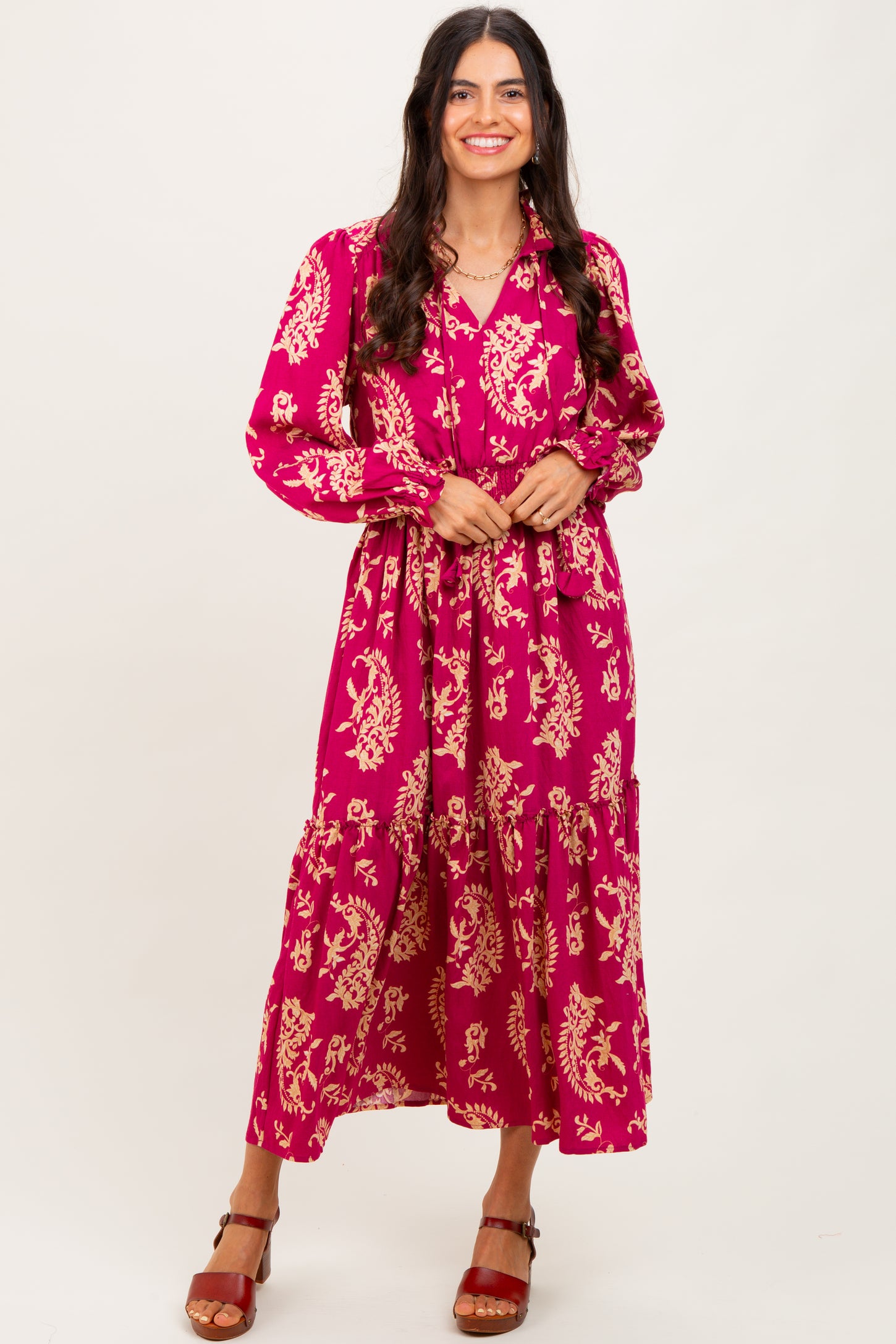 Magenta Damask Front Tie Smocked Waist Maternity Midi Dress