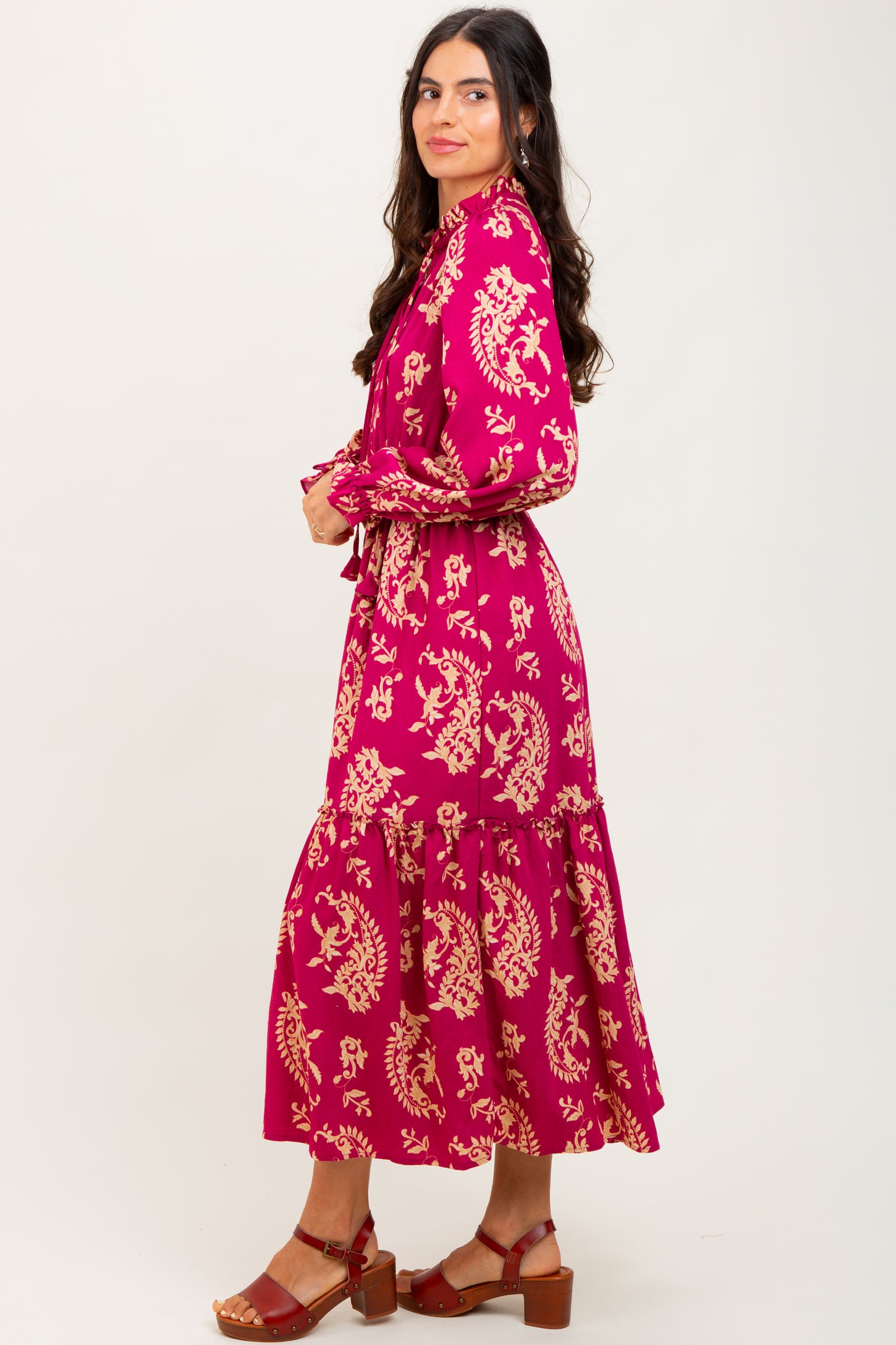 Magenta Damask Front Tie Smocked Waist Midi Dress