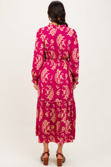 Magenta Damask Front Tie Smocked Waist Midi Dress