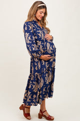Navy Damask Front Tie Smocked Waist Maternity Midi Dress