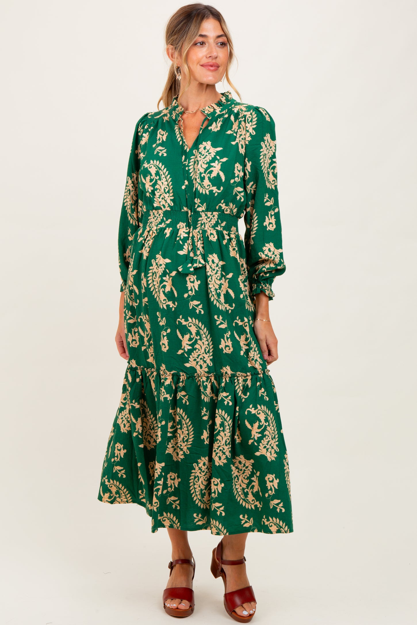 Green Damask Front Tie Smocked Waist Maternity Midi Dress