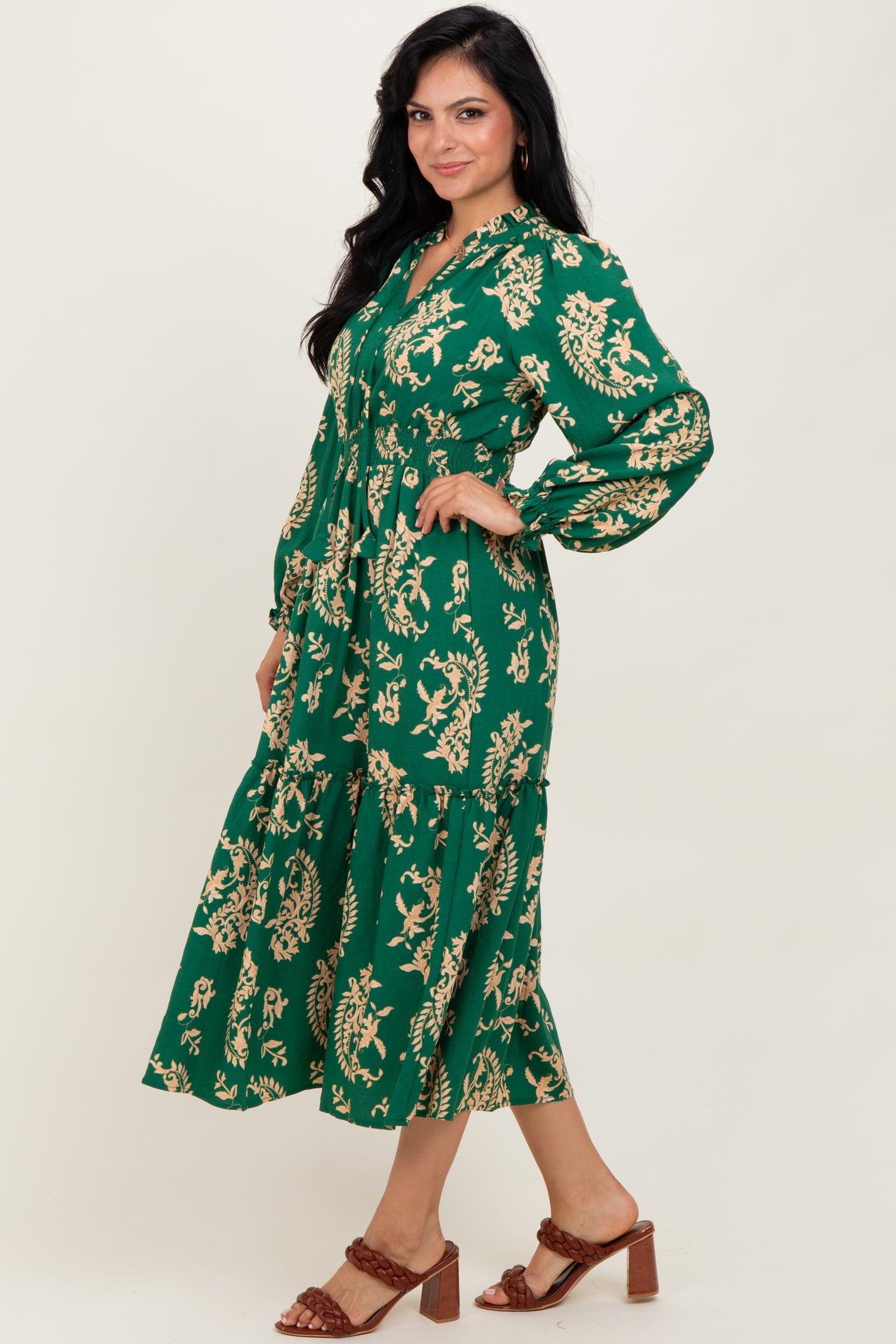 Green Damask Front Tie Smocked Waist Midi Dress