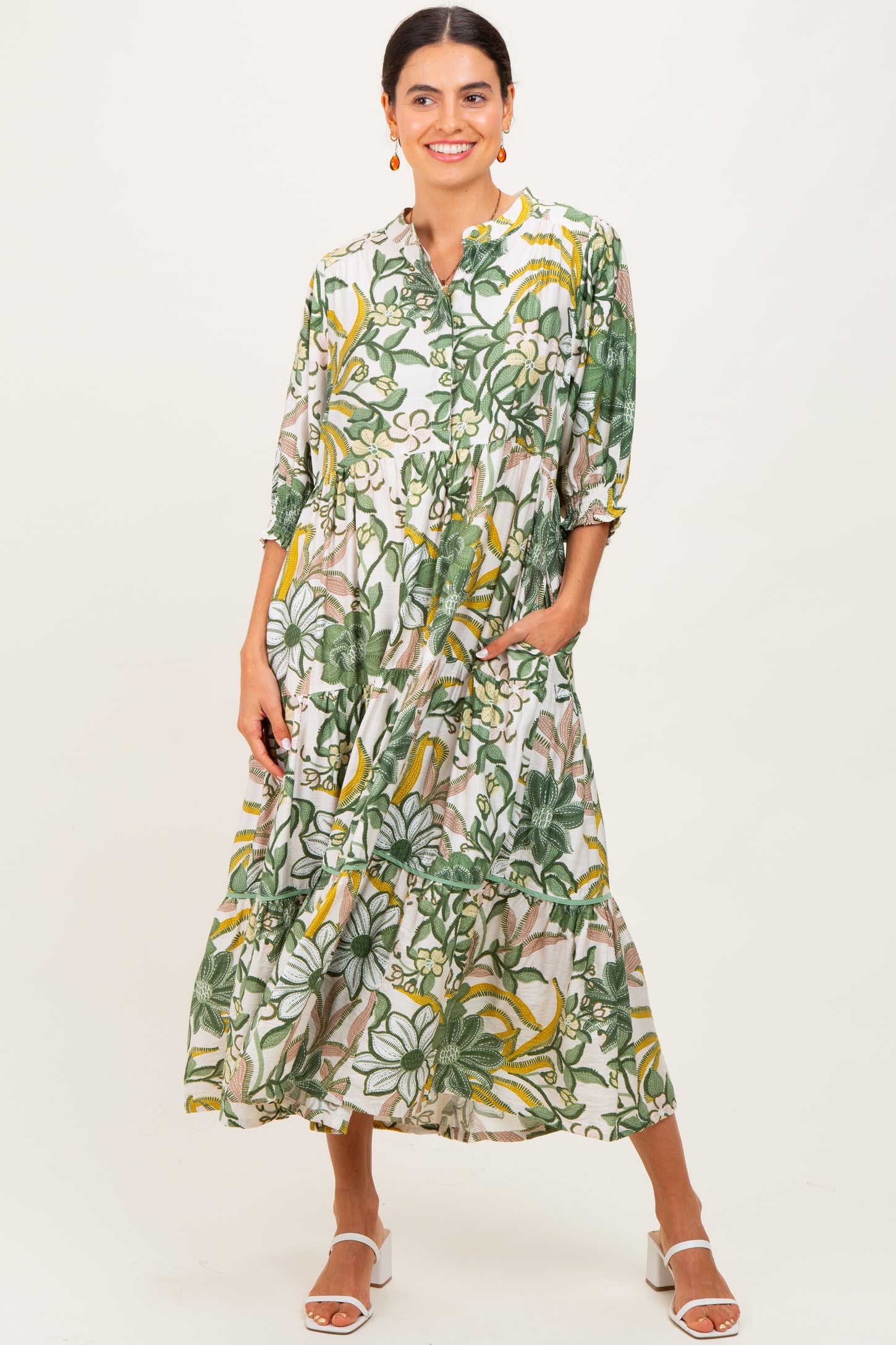 Green Floral Tiered Short Sleeve Midi Dress