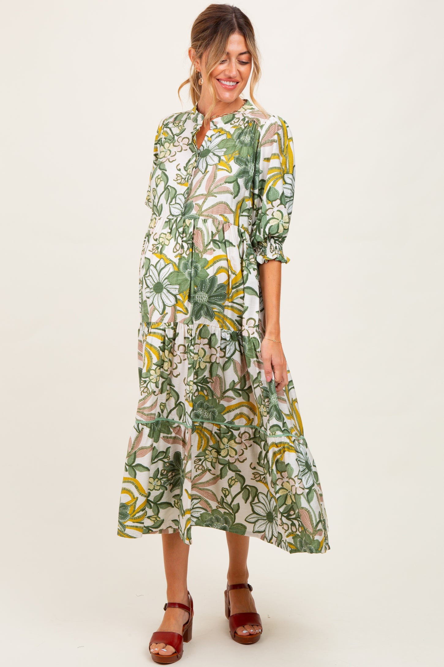Green Floral Tiered Short Sleeve Maternity Midi Dress – PinkBlush