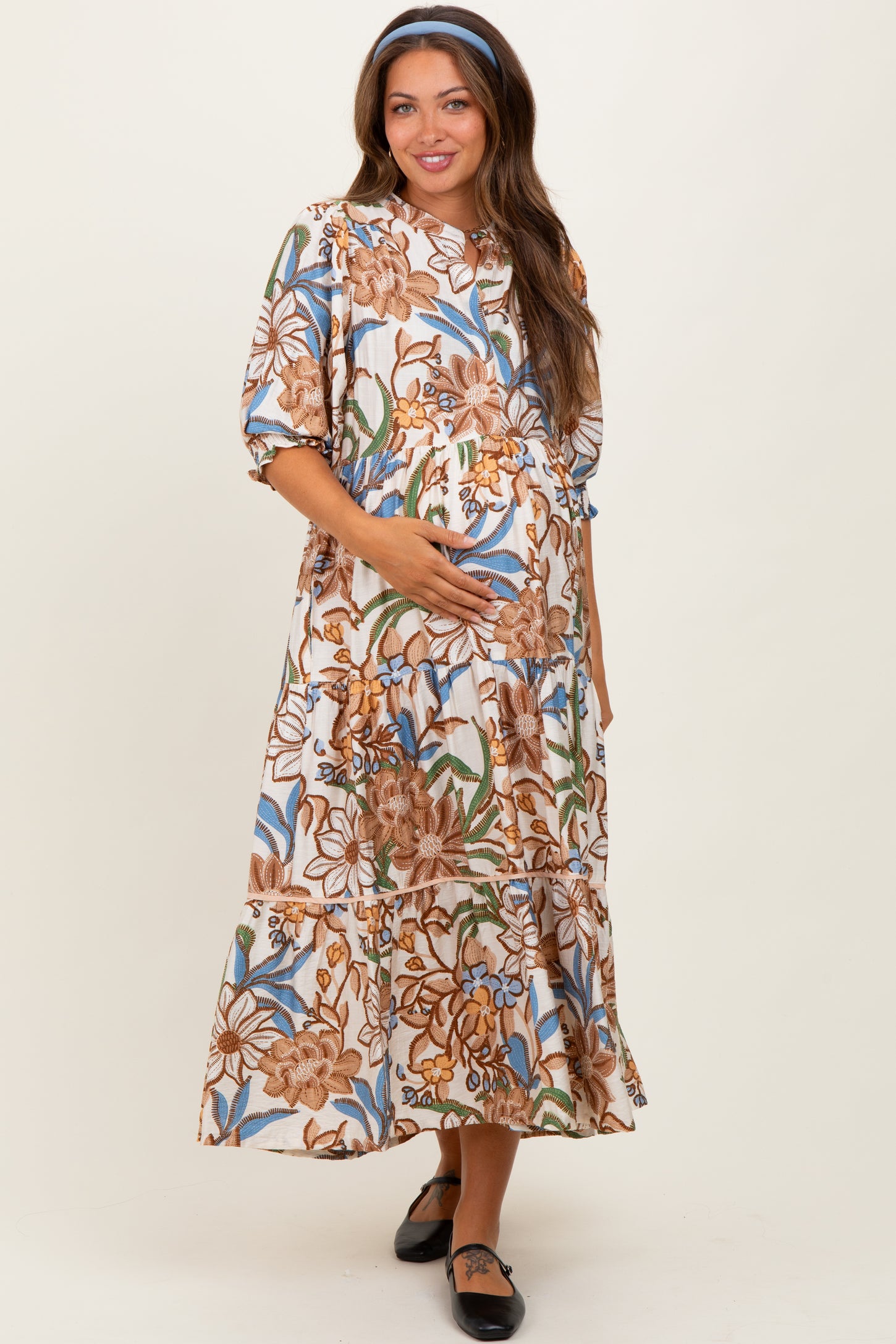 Beige Floral Tiered Short Sleeve Maternity Midi Dress