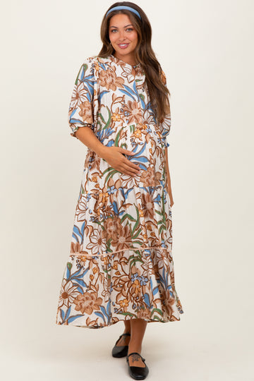 Beige Floral Tiered Short Sleeve Maternity Midi Dress