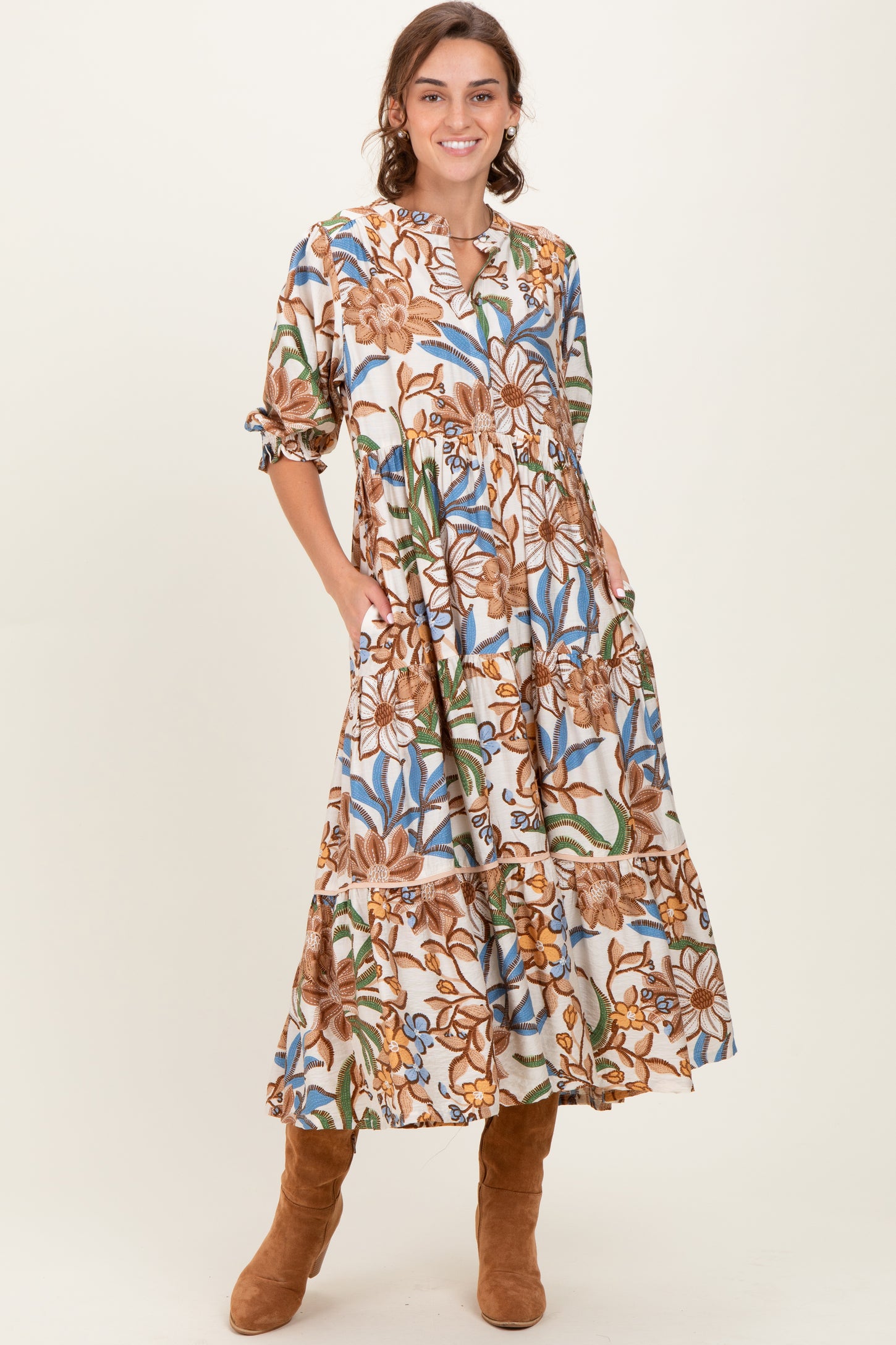 floral tiered dress midi Beige Floral Tiered Short Sleeve Midi Dress