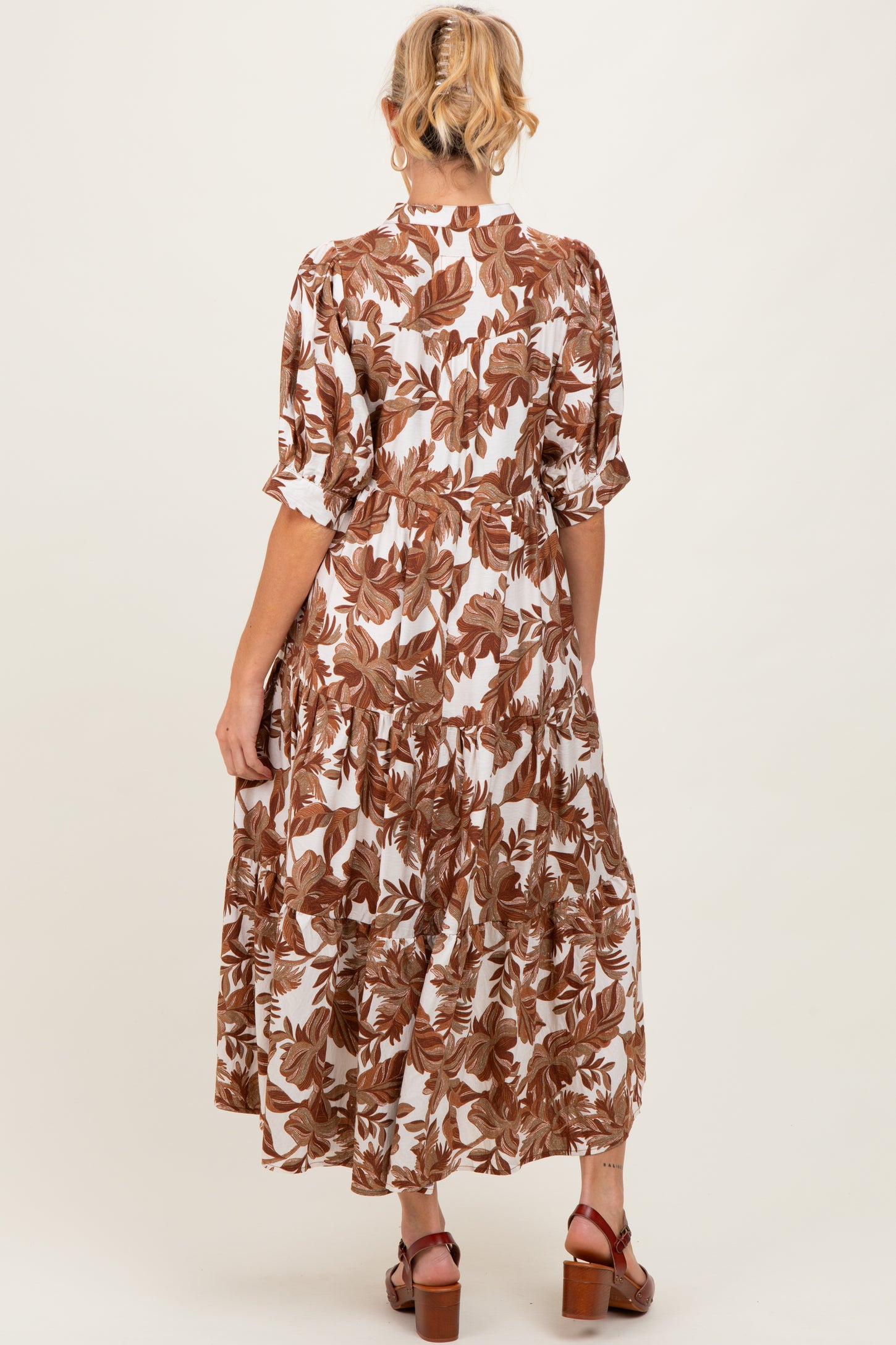brown tiered midi dress Tiered Lace Trim Midi Dress