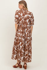 Brown Leaf Print Tiered Midi Dress