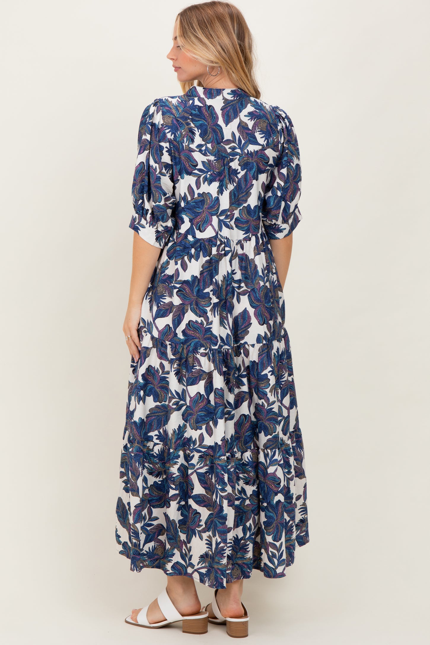Navy Leaf Print Tiered Midi Dress