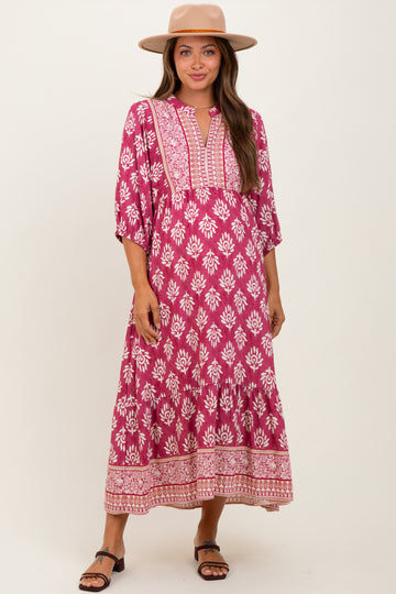 Pink Floral Contrast Print 3/4 Sleeve Maternity Midi Dress