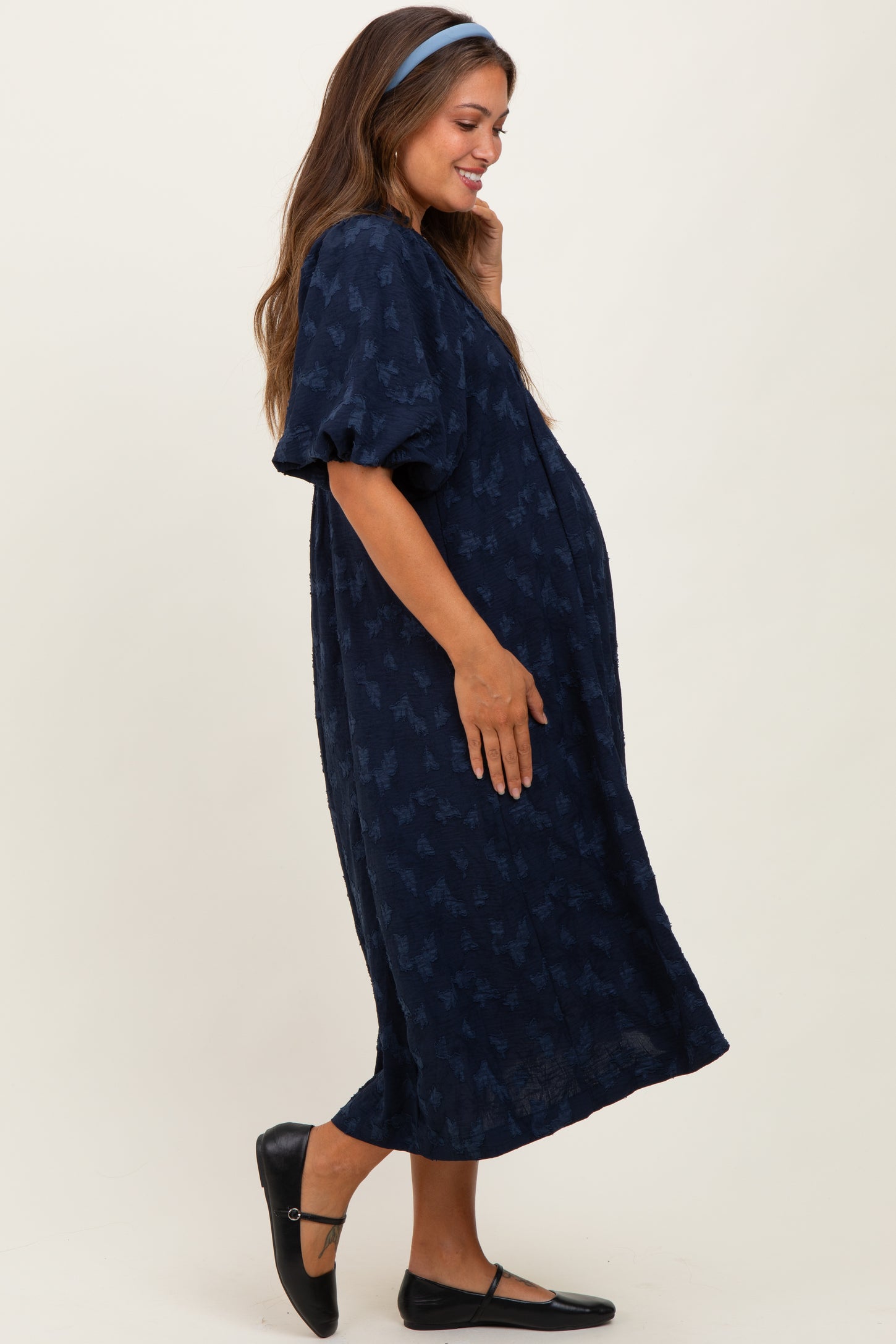 Navy Jacquard Texture V-Neck Maternity Midi Dress