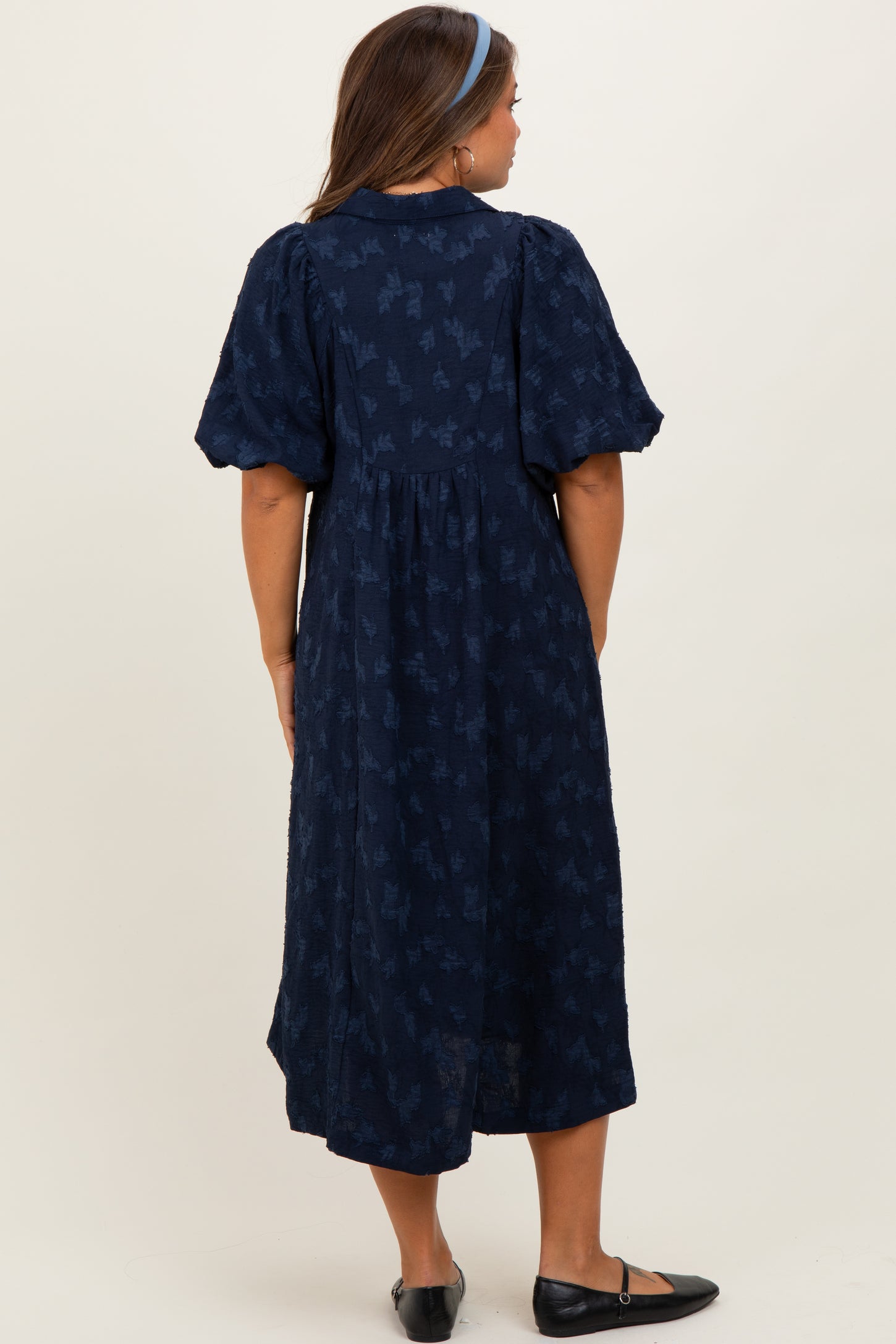 Navy Jacquard Texture V-Neck Maternity Midi Dress