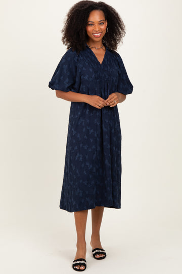 Navy Jacquard Texture V-Neck Midi Dress
