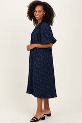 Navy Jacquard Texture V-Neck Midi Dress