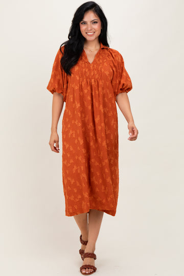Rust Jacquard Texture V-Neck Midi Dress