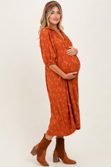 Rust Jacquard Texture V-Neck Maternity Midi Dress