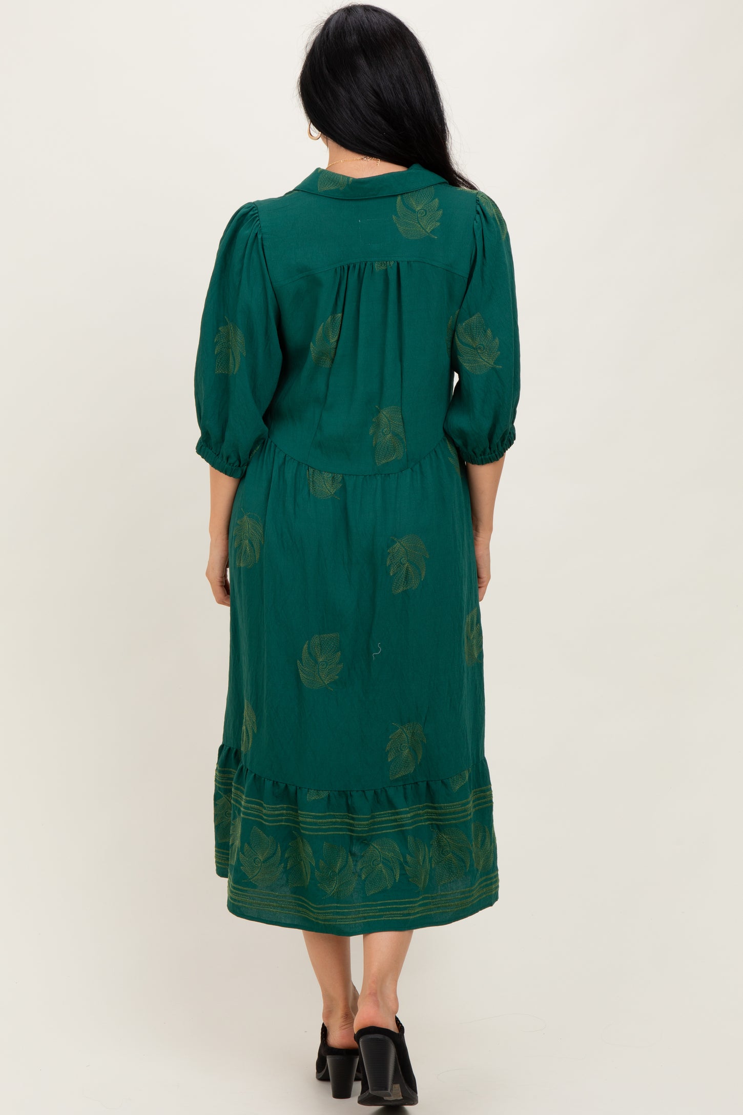 Forest Green Embroidered Leaf Print V-Neck Midi Dress