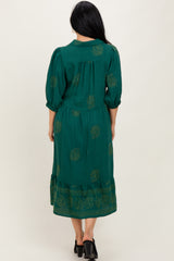 Forest Green Embroidered Leaf Print V-Neck Midi Dress