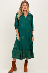 Forest Green Embroidered Leaf Print V-Neck Maternity Midi Dress