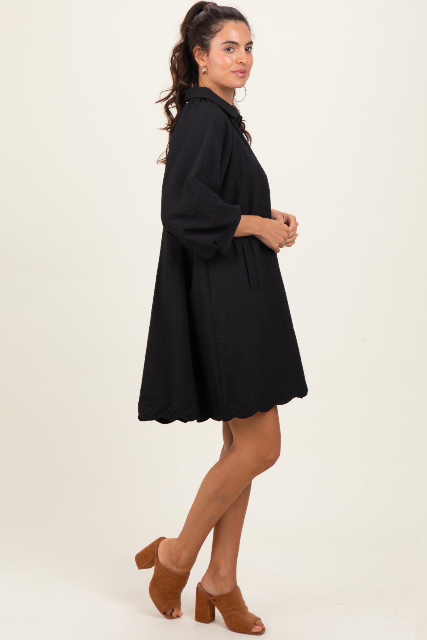 Black Textured Collared 3/4 Puff Sleeve Dress
