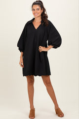 Black Textured Collared 3/4 Puff Sleeve Maternity Dress