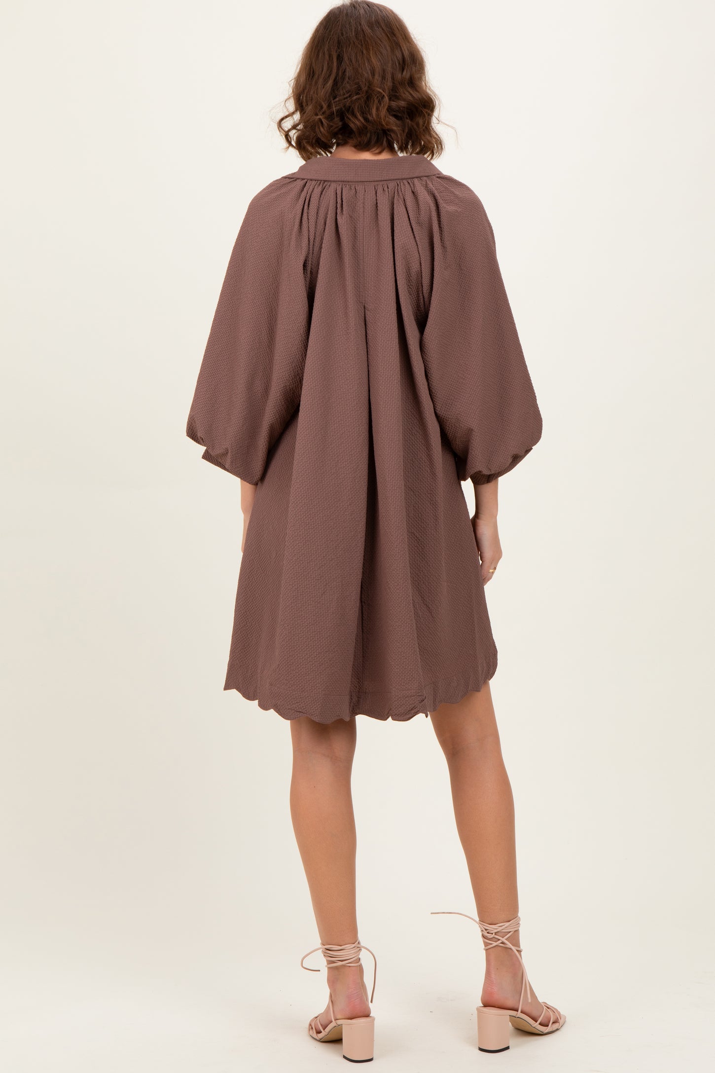 Brown Textured Collared 3/4 Puff Sleeve Dress – PinkBlush