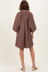 Brown Textured Collared 3/4 Puff Sleeve Dress