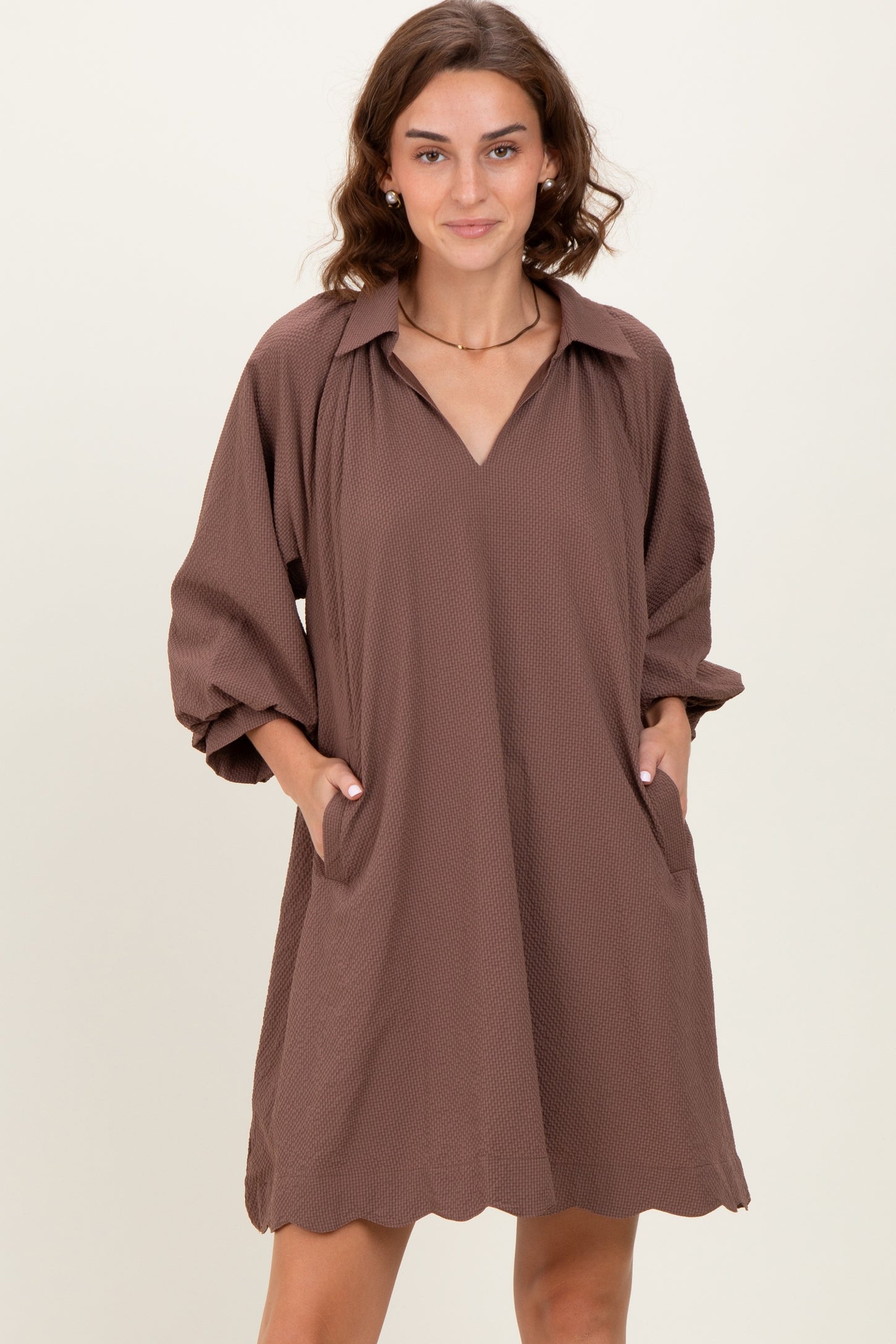 Brown Textured Collared 3/4 Puff Sleeve Maternity Dress