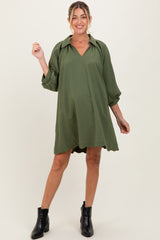 Olive Textured Collared 3/4 Puff Sleeve Maternity Dress