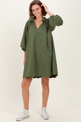 Olive Textured Collared 3/4 Puff Sleeve Dress
