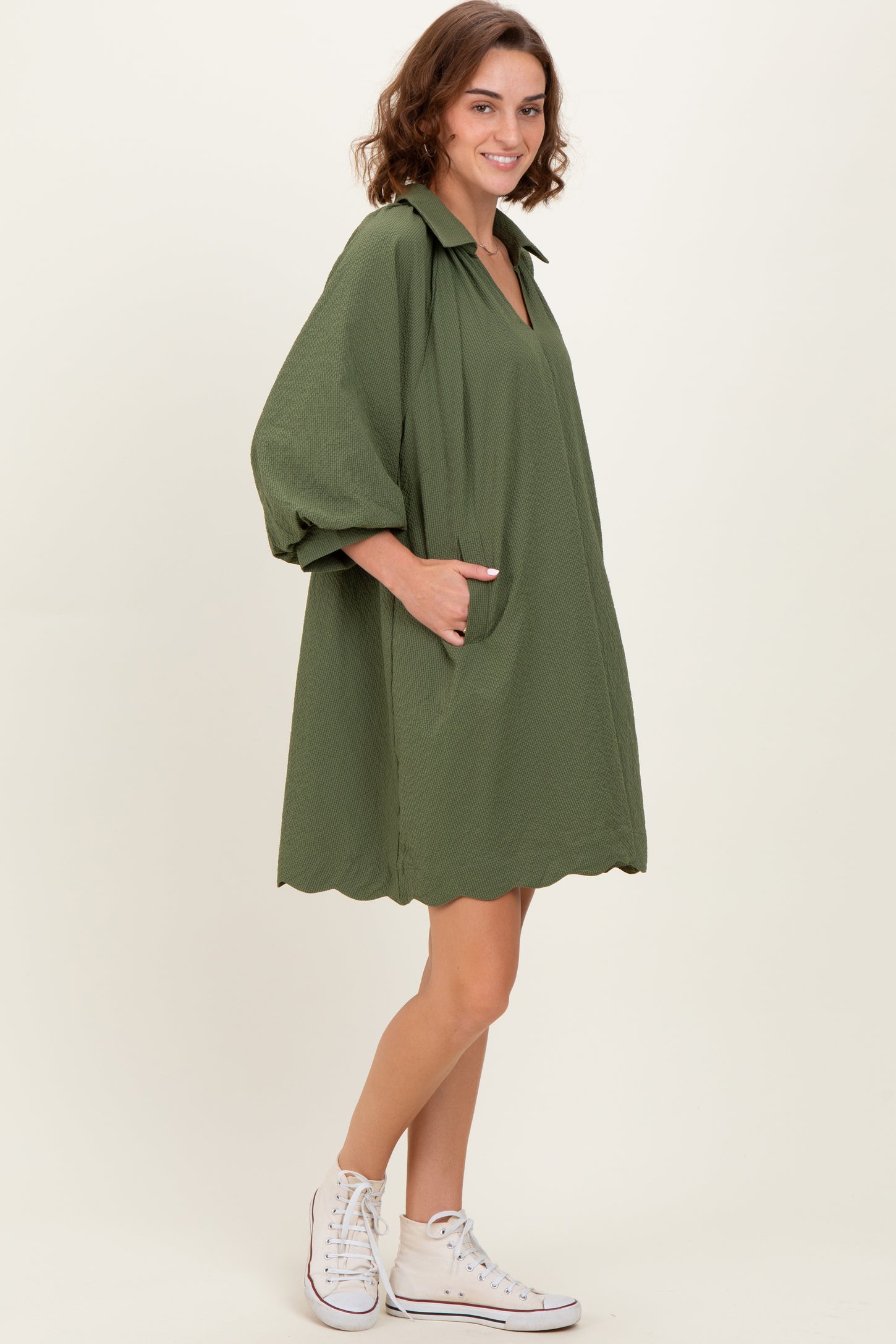 Olive Textured Collared 3/4 Puff Sleeve Dress