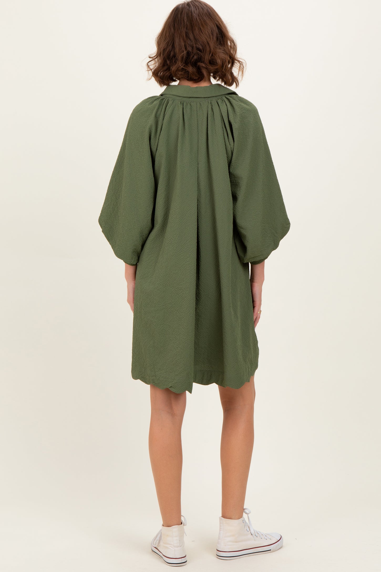 Olive Textured Collared 3/4 Puff Sleeve Dress
