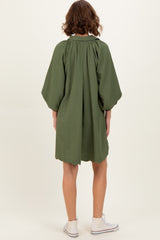 Olive Textured Collared 3/4 Puff Sleeve Dress