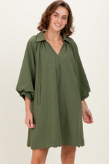 Olive Textured Collared 3/4 Puff Sleeve Dress