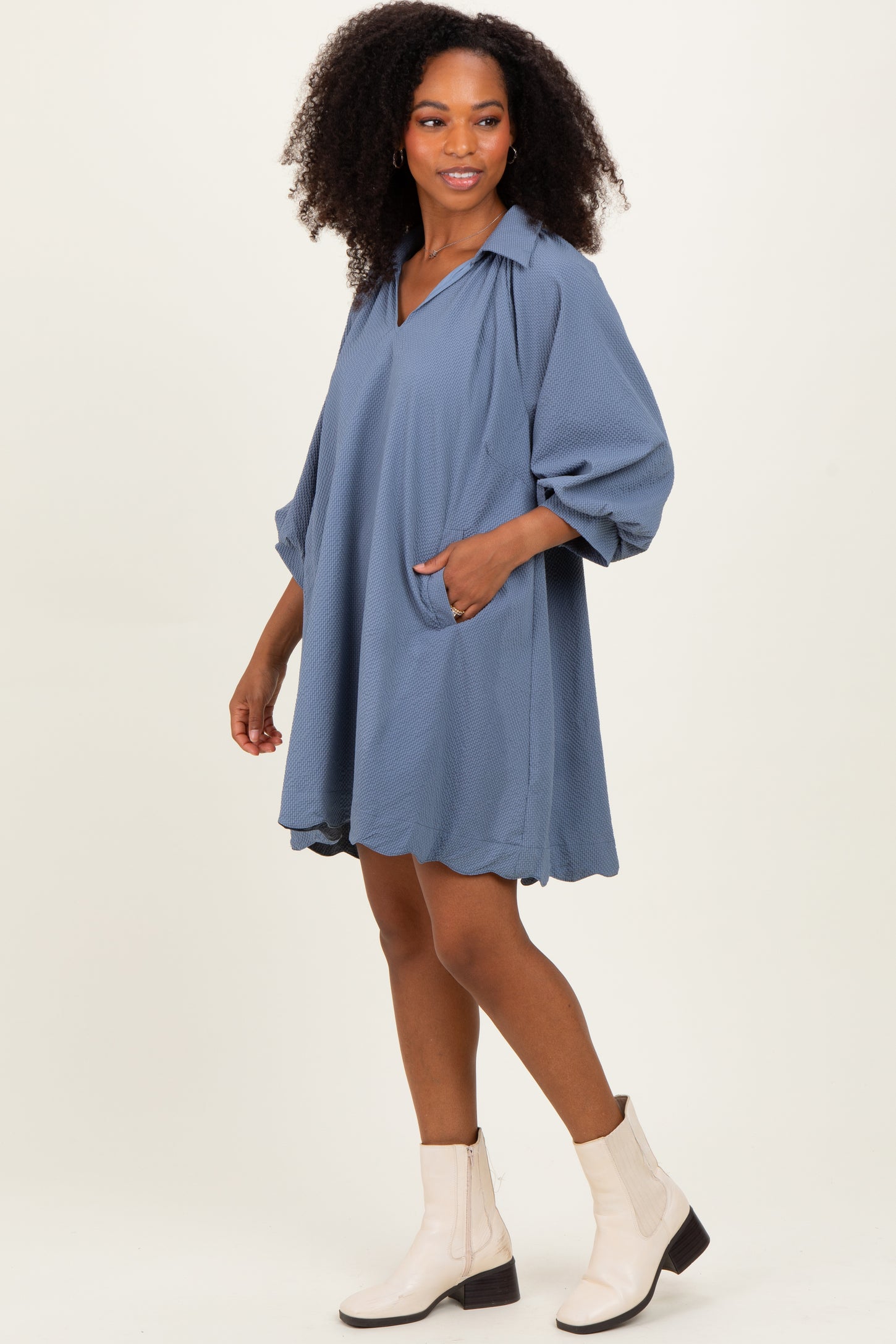 Blue Textured Collared 3/4 Puff Sleeve Dress