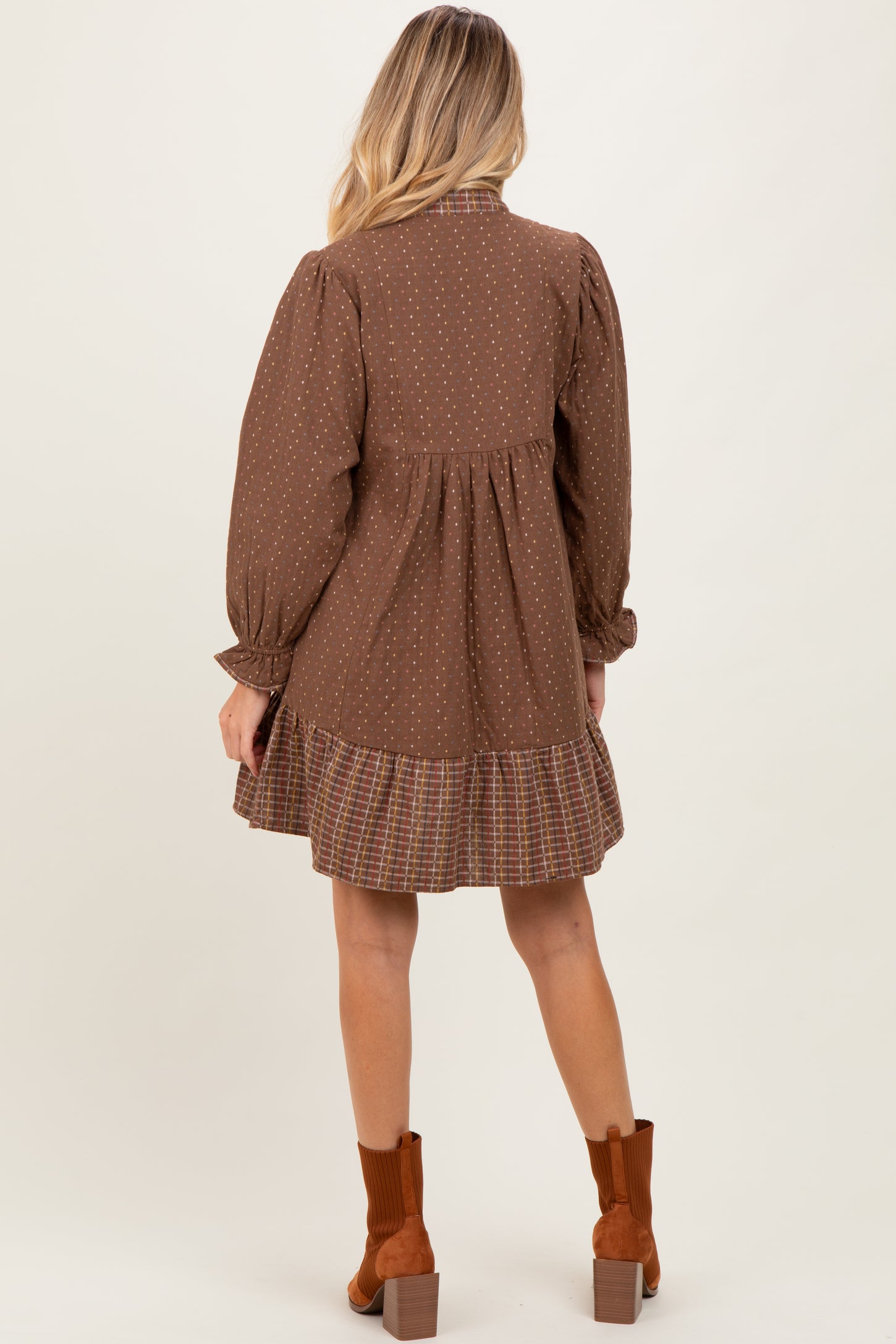 Brown Mixed Print V-Neck 3/4 Sleeve Maternity Dress
