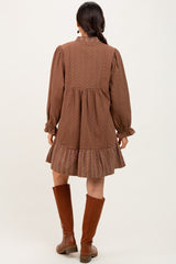 Brown Mixed Print V-Neck 3/4 Sleeve Dress