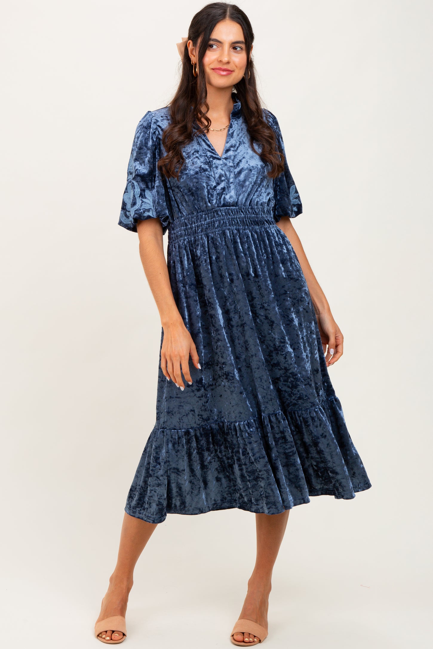 velvet blue midi dress Navy Bare Shoulder Velvet Midi Dress shopaleena