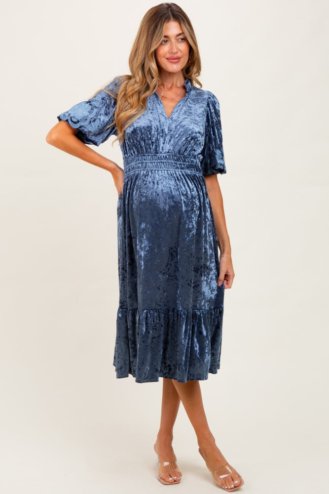 Blue Embroidered Velvet Smocked Waist Maternity Midi Dress PinkBlush Blue Embroidered Velvet Smocked Waist Maternity Midi Dress PinkBlush