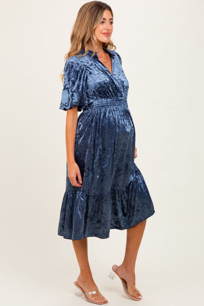 Blue Embroidered Velvet Smocked Waist Maternity Midi Dress Blue Embroidered Velvet Smocked Waist Maternity Midi Dress