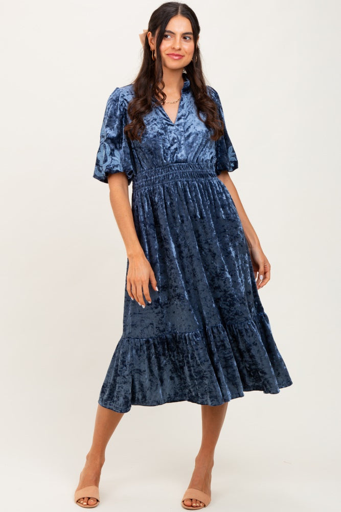Blue Embroidered Velvet Smocked Waist Maternity Midi Dress PinkBlush Blue Embroidered Velvet Smocked Waist Maternity Midi Dress PinkBlush
